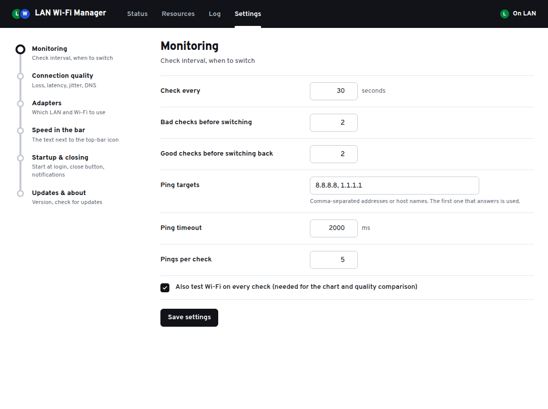 Settings tab with sections for Monitoring, Connection quality, Adapters, Speed in the bar, Startup and closing, and Updates and about.
